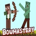 En person med bart og grønn skjorte sikter en pil og bue mot en grønn zombie på en pikselert gressplattform, med teksten Bowmastery nederst