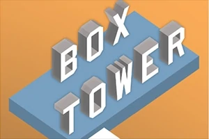 3D-tekst med ordene Box Tower på en blå plattform mot en oransje bakgrunn