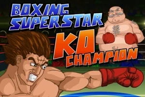 En animert bokser med brune hansker slår mot en stor motstander i ringen, med teksten Boxing Superstar KO Champion i bakgrunnen