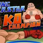 En animert bokser med brune hansker slår mot en stor motstander i ringen, med teksten Boxing Superstar KO Champion i bakgrunnen