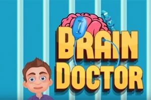 Tegnet figur med brunt hår ved siden av teksten Brain Doctor mot en blå bakgrunn med stripemønster