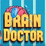 Tegnet figur med brunt hår ved siden av teksten Brain Doctor mot en blå bakgrunn med stripemønster