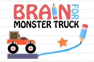 Rød monstertruck på en plattform med en stjerne og en blå linje tegnet av en blyant