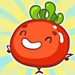 Rød, tegneserieaktig frukt med ansikt og smile, omgitt av gule stjerner og fargerike stråler i bakgrunnen