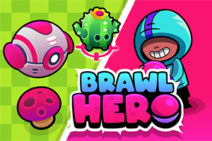 Tegneseriestil bilde med en rosa og hvit ball, en kaktusfigur, en sopp og en smilende person i blå hettegenser med teksten “Brawl Hero”
