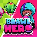 Tegneseriestil bilde med en rosa og hvit ball, en kaktusfigur, en sopp og en smilende person i blå hettegenser med teksten “Brawl Hero”