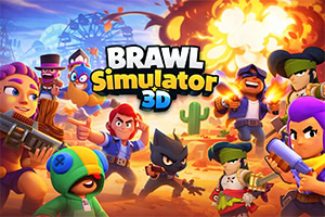 Fargerik 3D-illustrasjon av tegneseriefigurer med våpen i en ørkenby med kaktus og store eksplosjoner i bakgrunnen, med teksten «BRAWL Simulator 3D» i midten