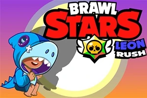 Fargerik illustrasjon med en tegneseriefigur i blå dinosaurdrakt og stor tekst Brawl Stars Leon Rush i bakgrunnen