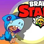 Fargerik illustrasjon med en tegneseriefigur i blå dinosaurdrakt og stor tekst Brawl Stars Leon Rush i bakgrunnen
