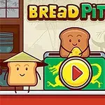 Tegneseriebrødskiver med smilende ansikter og hatt står rundt en stor play-knapp, med tittelen Bread Pit 2 over