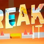Teksten BREAK IT er i store bokstaver med en oransje bakgrunn og geometriske former