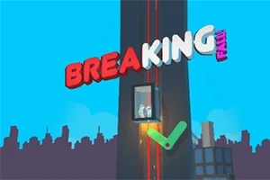 Tegneserieaktig illustrasjon av en heis langs en høy skyskraper med store tekstbokstaver BREAKING, en grønn hake og bakgrunn av en bysilhuett