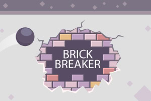 En vegg av fargede mursteiner med teksten BRICK BREAKER og en ball som ser ut til å ha slått et hull i veggen
