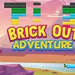 Fargerike murblokker og ballong med teksten Brick Out Adventure over et landskap med fjell og elv