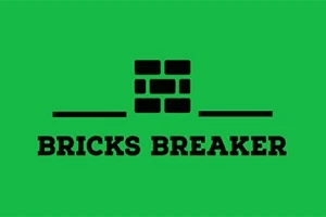 Sort tekst Bricks Breaker og et ikon av murstein mot grønn bakgrunn