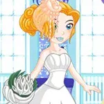 En animerte figur med oransje hår og blå øyne i en hvit brudekjole med en bukett, står i et rom med gardiner og lysekroner i bakgrunnen