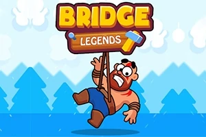 En tegneseriefigur med skjegg og vernebriller henger fra et skilt som sier Bridge Legends foran en bakgrunn med blå trær og hvite skyer
