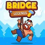 En tegneseriefigur med skjegg og vernebriller henger fra et skilt som sier Bridge Legends foran en bakgrunn med blå trær og hvite skyer