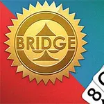 Et emblemliknende merke med ordet BRIDGE over et stort sparsymbol til venstre, og en vifte med spillkort som viser åtte, dame, ess, knekt og konge til høyre