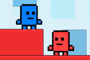 To pixelkarakterer, en blå og en rød, står på røde plattformer med en rutete bakgrunn