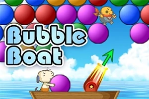 Tegneseriefigur i en trebåt skyter fargerike bobler med en kanon, med teksten Bubble Boat i forgrunnen