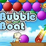 Tegneseriefigur i en trebåt skyter fargerike bobler med en kanon, med teksten Bubble Boat i forgrunnen