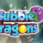 Tegneseriestil tekst Bubble Dragons med en lilla dragefigur og en gul boble på en fantasifull bakgrunn