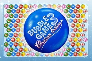 En stor, blå kule med teksten Bubble Game 3 Christmas Edition omgitt av fargerike, mindre kuler med stjerner og snøfnuggmotiv