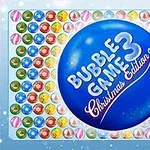 En stor, blå kule med teksten Bubble Game 3 Christmas Edition omgitt av fargerike, mindre kuler med stjerner og snøfnuggmotiv