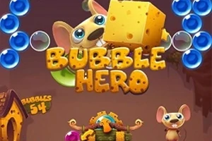 Mus med et stort ostestykke omgitt av blå bobler og fargerike bokstaver som staver Bubble Hero