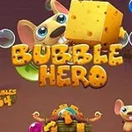 Mus med et stort ostestykke omgitt av blå bobler og fargerike bokstaver som staver Bubble Hero