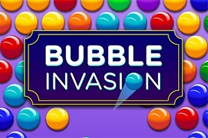 Fargerike kuler i ulike rader med teksten Bubble Invasion i midten