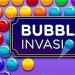 Fargerike kuler i ulike rader med teksten Bubble Invasion i midten