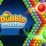 Fargerike bobler i rekker på mørk bakgrunn med logoen Bubble Master i midten