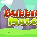 Fargerik tekst med ordene Bubble Match 3 foran en tegnet bakgrunn med åser og gress