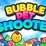 Fargerik illustrasjon med teksten Bubble Pet Shooter omgitt av søte, fargerike dyreballer mot en blå himmelbakgrunn