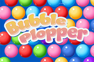 Fargerike bobler i forskjellige farger mot en blå bakgrunn med teksten Bubble Plopper i midten