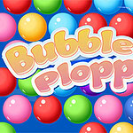 Fargerike bobler i forskjellige farger mot en blå bakgrunn med teksten Bubble Plopper i midten