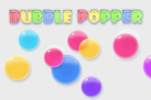 Fargerike bobler i ulike størrelser spredt på en grå bakgrunn med teksten Bubble Popper i fargerike bokstaver øverst