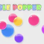 Fargerike bobler i ulike størrelser spredt på en grå bakgrunn med teksten Bubble Popper i fargerike bokstaver øverst