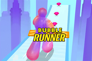 Fargerik boblefigur løper langs en sti med rosa diamanter mot en blå bakgrunn, med teksten Bubble Runner