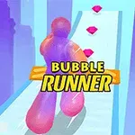 Fargerik boblefigur løper langs en sti med rosa diamanter mot en blå bakgrunn, med teksten Bubble Runner