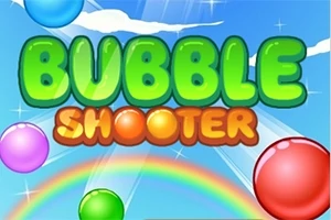 Fargerike bobler mot en blå himmel med regnbue og teksten Bubble Shooter i midten
