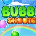 Fargerike bobler mot en blå himmel med regnbue og teksten Bubble Shooter i midten
