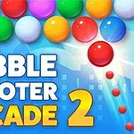Fargerike bobler ordnet i rader med teksten Bubble Shooter Arcade 2 i lysende bokstaver