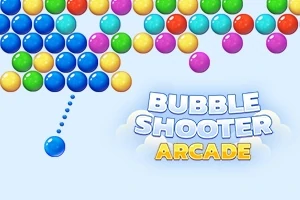 Fargerike bobler i ulike rader med en enkelt blå boble som skal skytes mot dem, med teksten Bubble Shooter Arcade nederst på bildet