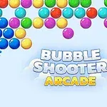 Fargerike bobler i ulike rader med en enkelt blå boble som skal skytes mot dem, med teksten Bubble Shooter Arcade nederst på bildet