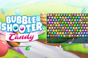 Fargerik bakgrunn med mange fargerike bobler og teksten Bubble Shooter Candy