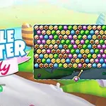 Fargerik bakgrunn med mange fargerike bobler og teksten Bubble Shooter Candy
