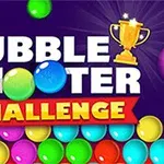 Fargerike bobler med teksten Bubble Shooter Challenge og et trofé i bakgrunnen